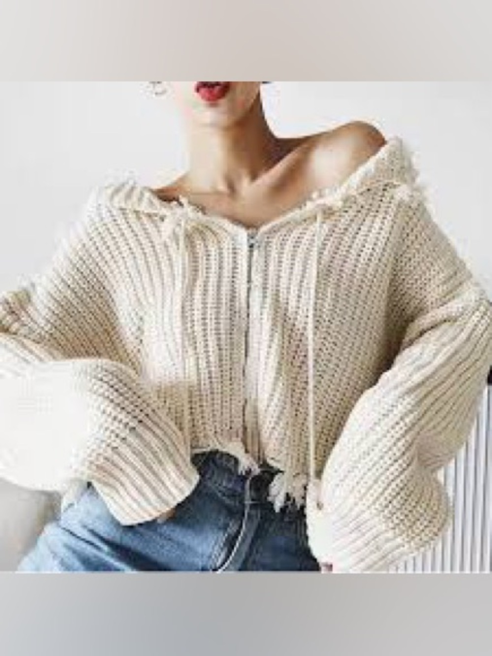 Cozy Knit Hooded Sweater - Cream Cropped CEDELAR